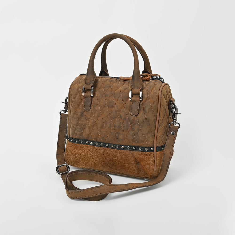 American Darling Quilted Genuine Leather & Hair-On Hide Crossbody Satchel Purse for Women Western Handbag with Studded Detail