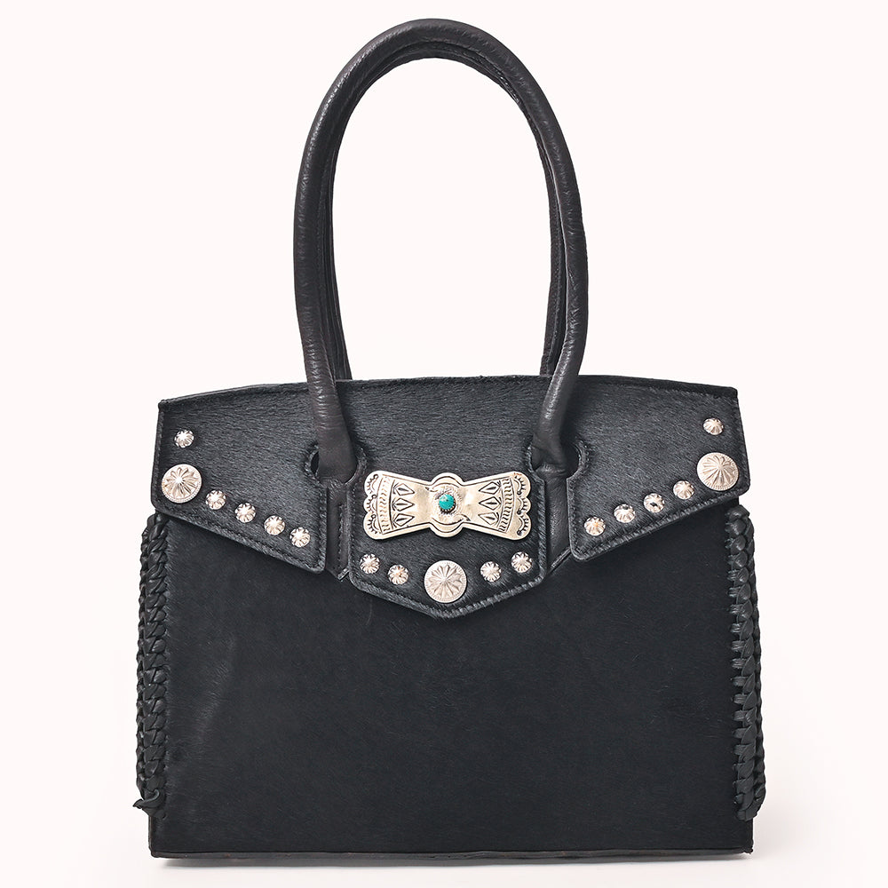 American Darling Western Tote Bag Rivetted Genuine Full Grain Leather Handcrafted Purse with Hair-On Cowhide and Concho