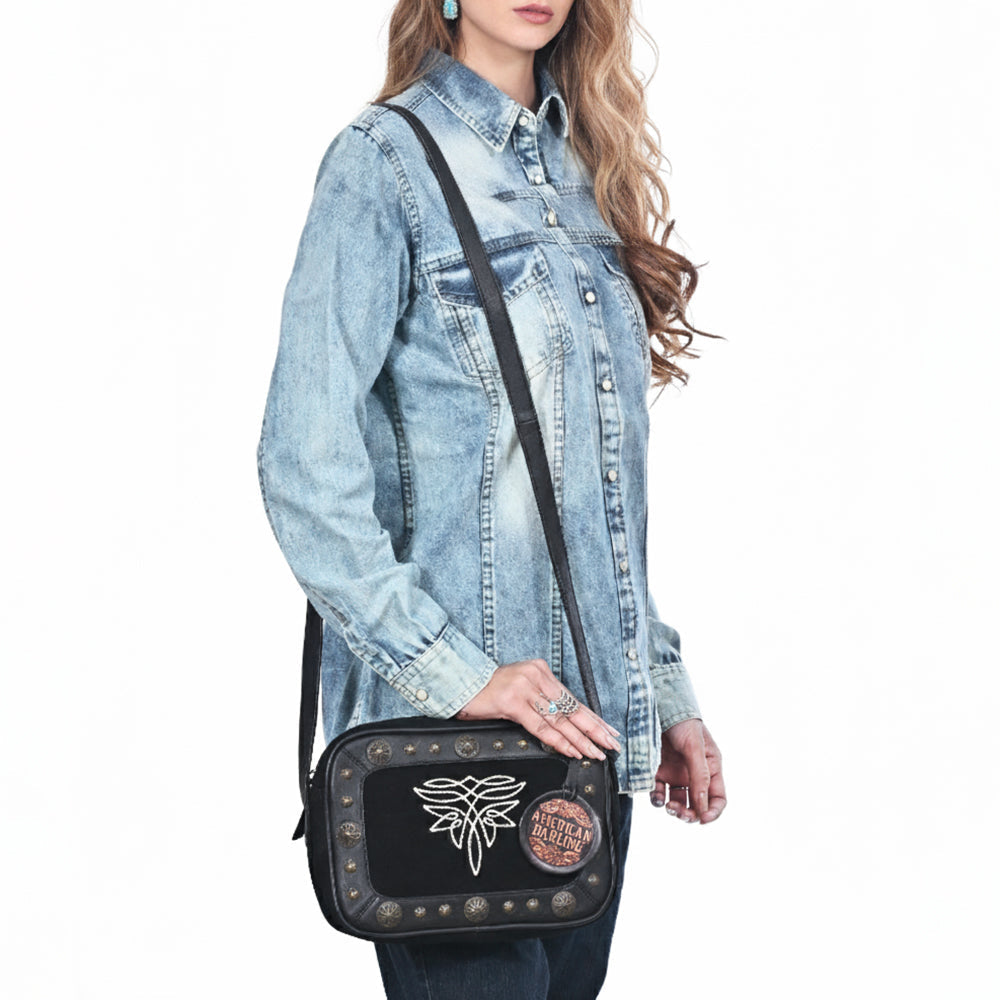 American Darling Camera Bag for Women, Embroidered Genuine Suede Leather with Western Conchos, Premium Crossbody Purse