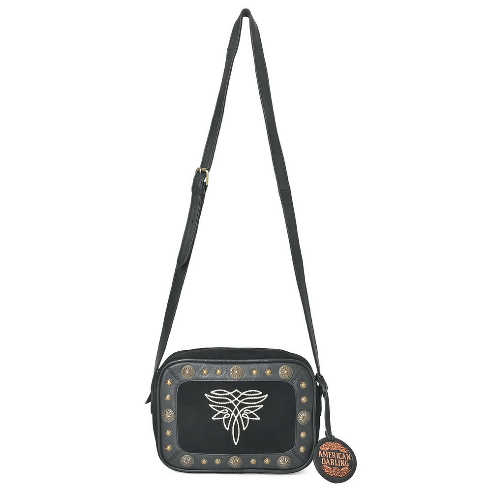 American Darling Camera Bag for Women, Embroidered Genuine Suede Leather with Western Conchos, Premium Crossbody Purse