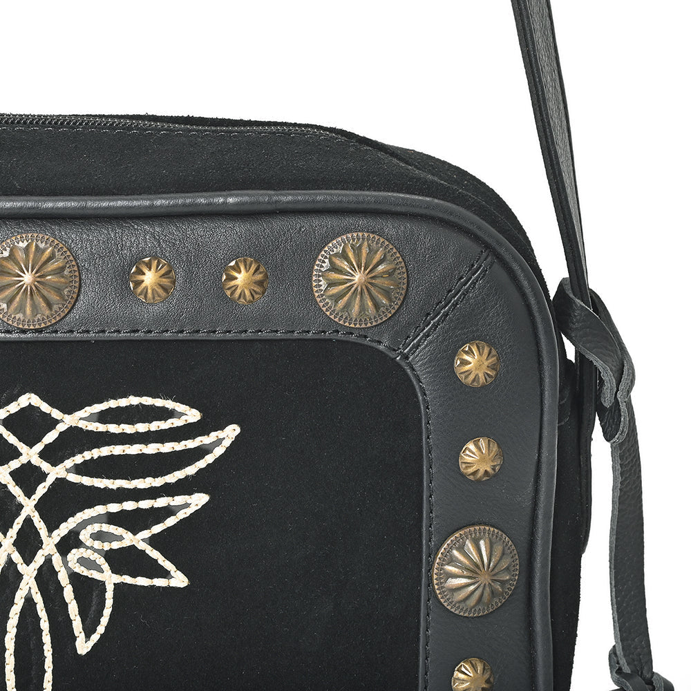 American Darling Camera Bag for Women, Embroidered Genuine Suede Leather with Western Conchos, Premium Crossbody Purse