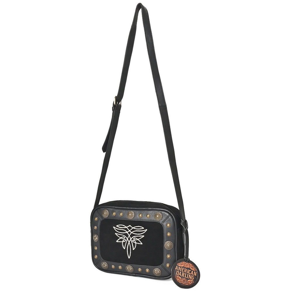 American Darling Camera Bag for Women, Embroidered Genuine Suede Leather with Western Conchos, Premium Crossbody Purse