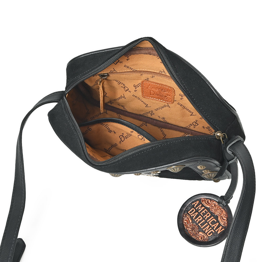 American Darling Camera Bag for Women, Embroidered Genuine Suede Leather with Western Conchos, Premium Crossbody Purse