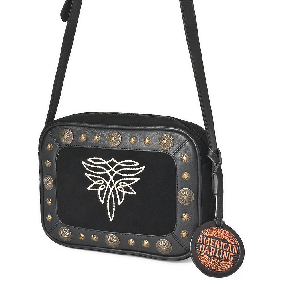 American Darling Camera Bag for Women, Embroidered Genuine Suede Leather with Western Conchos, Premium Crossbody Purse