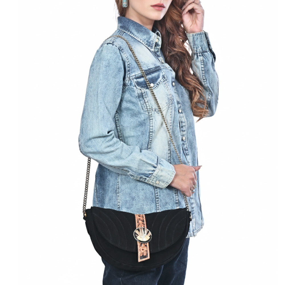 American Darling Cross body Bag for Women, Premium Suede Leather with Hand Tooled Floral Trim, Western Concho & Chain Strap