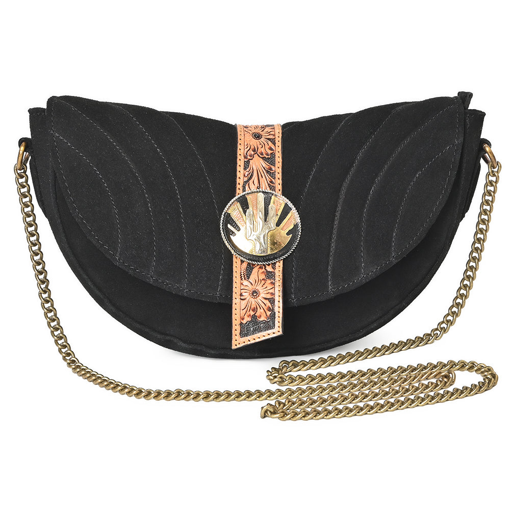 American Darling Cross body Bag for Women, Premium Suede Leather with Hand Tooled Floral Trim, Western Concho & Chain Strap