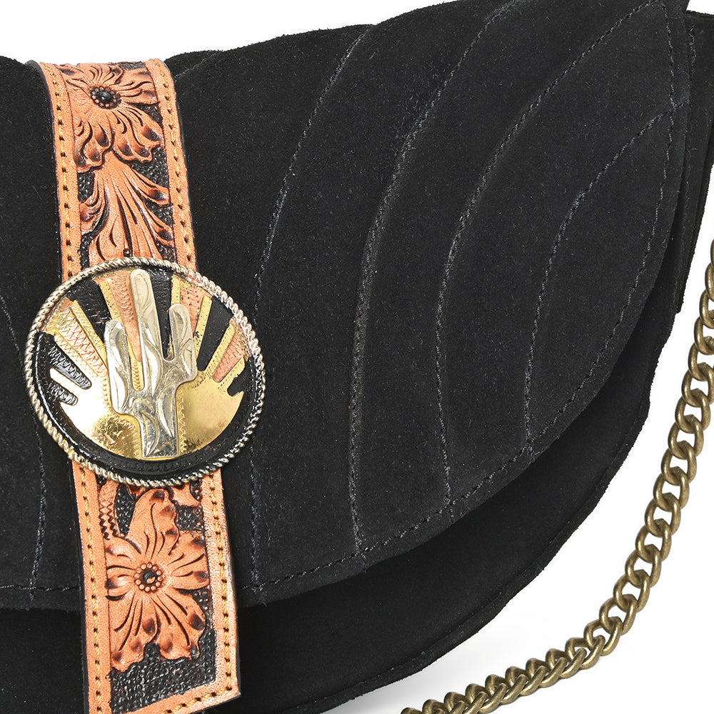American Darling Cross body Bag for Women, Premium Suede Leather with Hand Tooled Floral Trim, Western Concho & Chain Strap