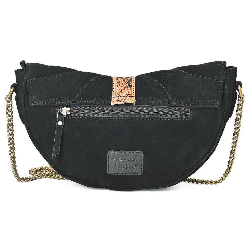 American Darling Cross body Bag for Women, Premium Suede Leather with Hand Tooled Floral Trim, Western Concho & Chain Strap