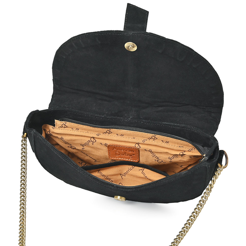 American Darling Cross body Bag for Women, Premium Suede Leather with Hand Tooled Floral Trim, Western Concho & Chain Strap