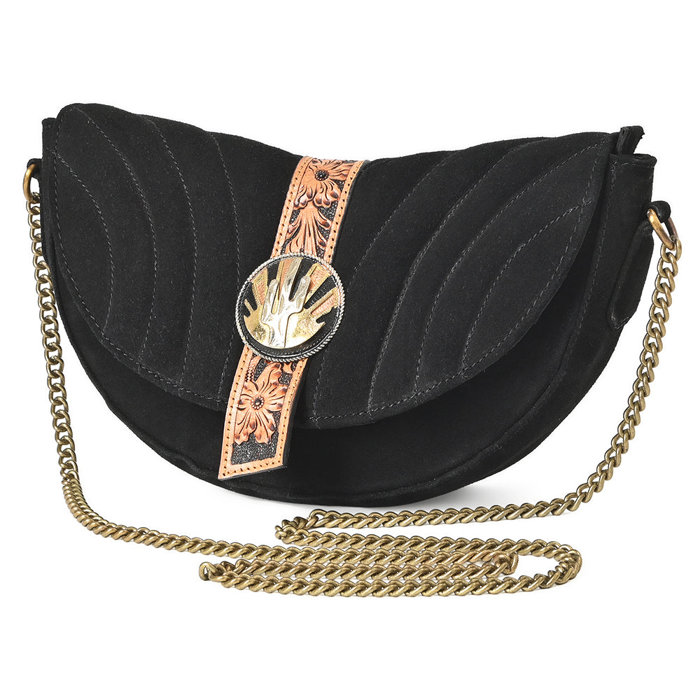 American Darling Cross body Bag for Women, Premium Suede Leather with Hand Tooled Floral Trim, Western Concho & Chain Strap