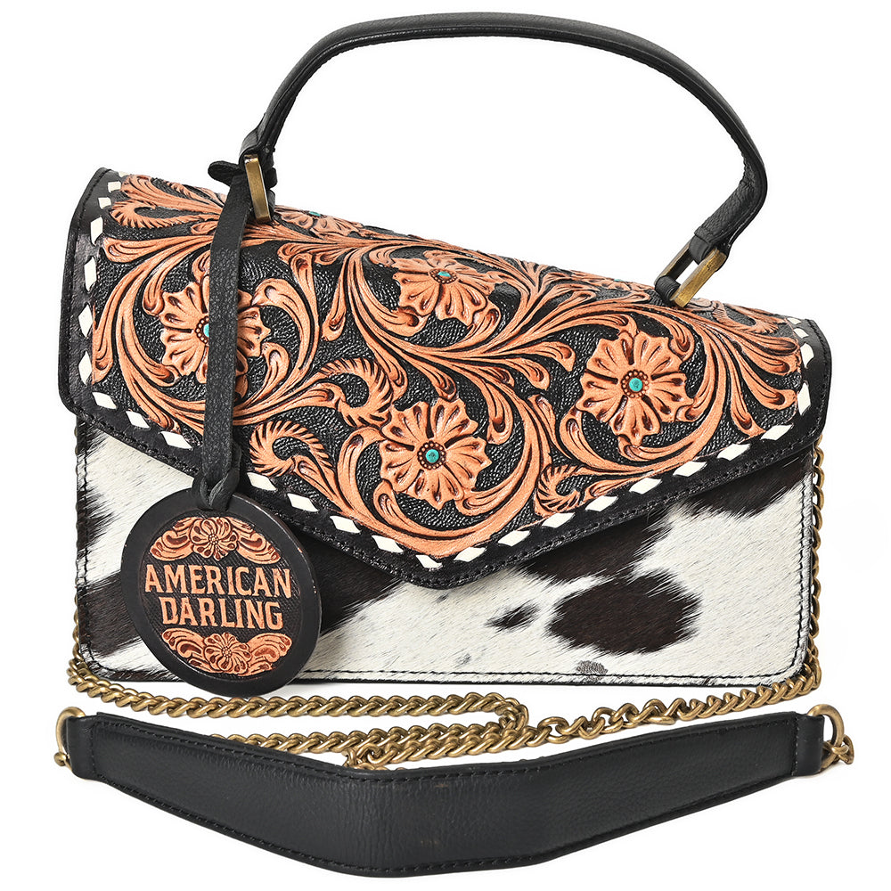 American Darling Messenger Bag Hand Tooled Floral Genuine Leather Western Purse with Hair-On Cowhide and Buck Stitching