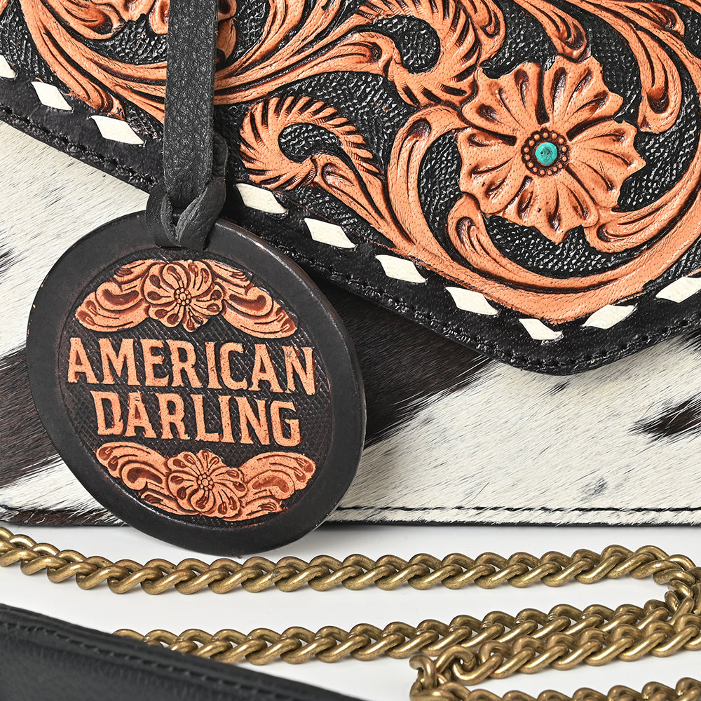 American Darling Messenger Bag Hand Tooled Floral Genuine Leather Western Purse with Hair-On Cowhide and Buck Stitching