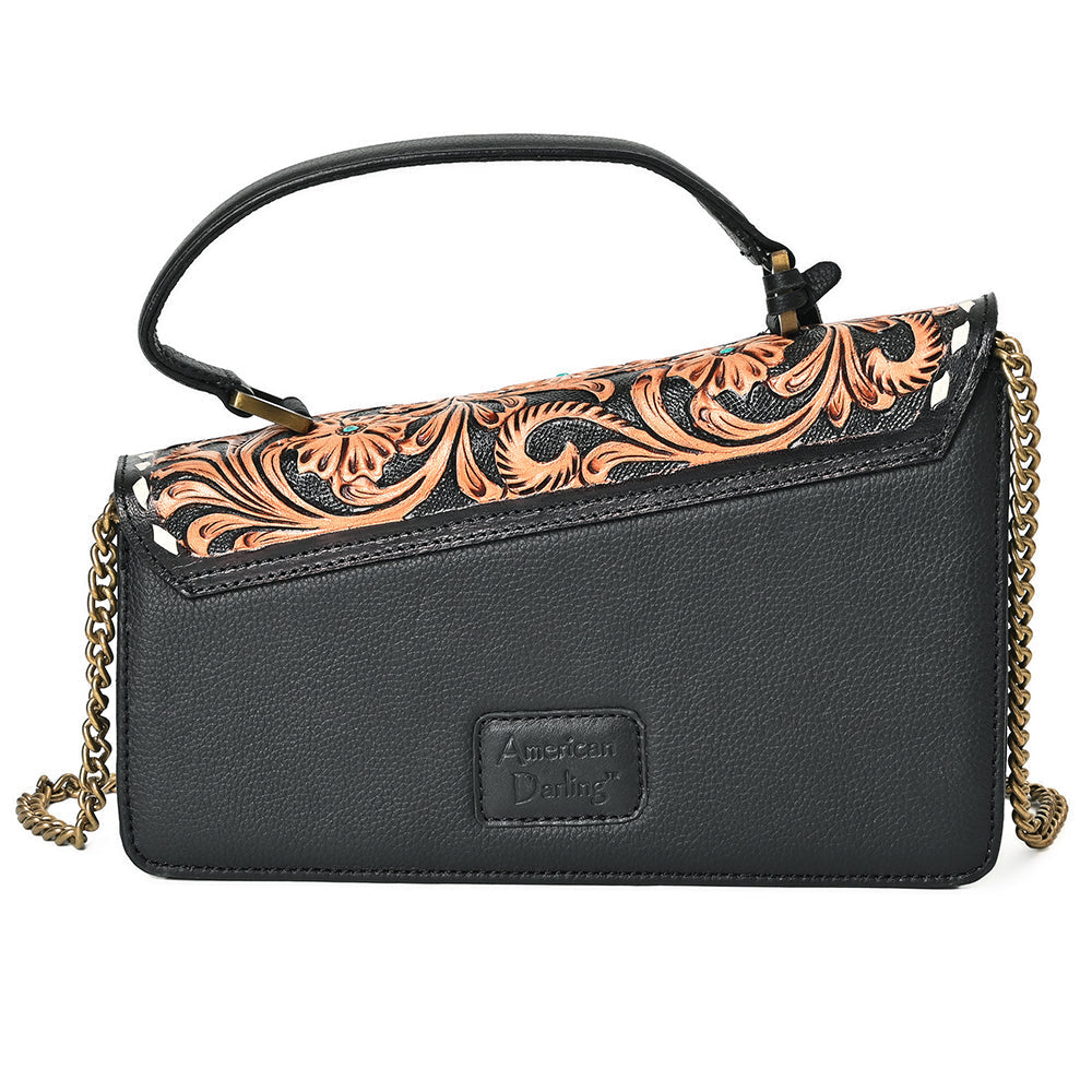 American Darling Messenger Bag Hand Tooled Floral Genuine Leather Western Purse with Hair-On Cowhide and Buck Stitching