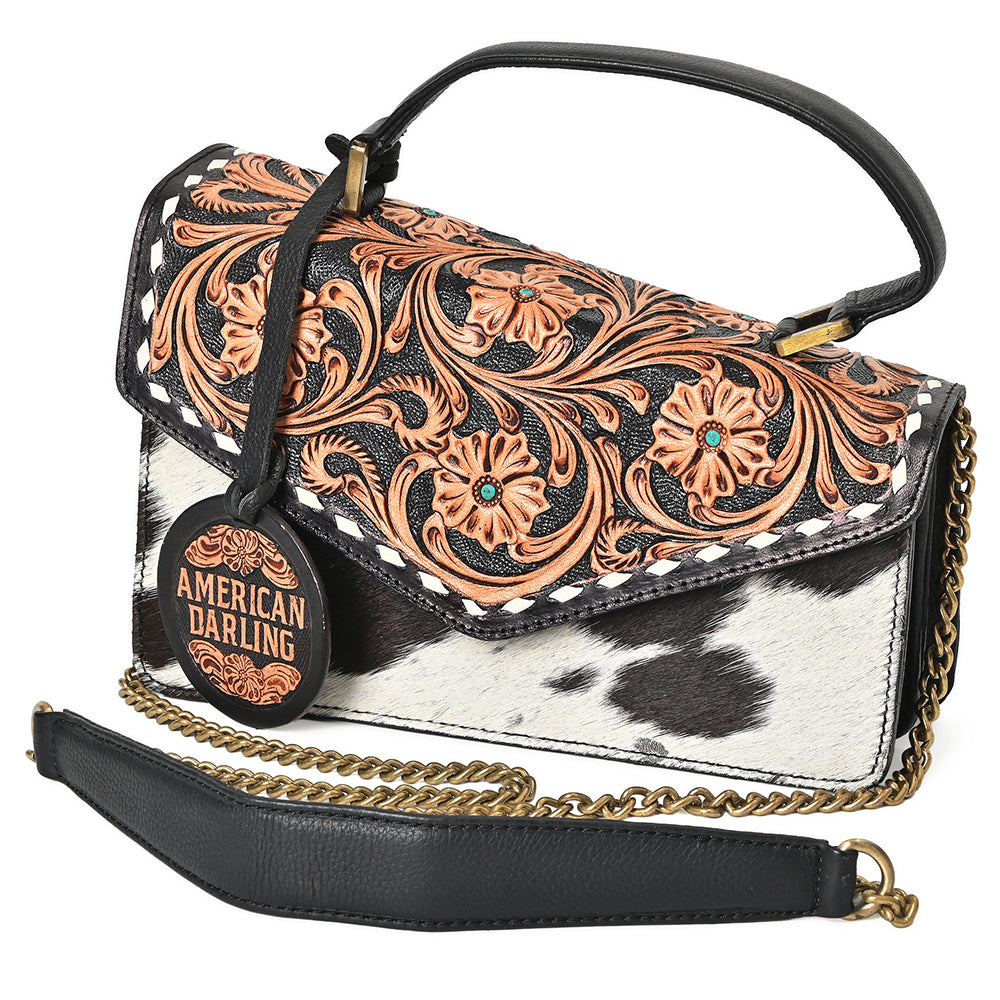 American Darling Messenger Bag Hand Tooled Floral Genuine Leather Western Purse with Hair-On Cowhide and Buck Stitching