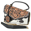 American Darling Messenger Bag Hand Tooled Floral Genuine Leather Western Purse with Hair-On Cowhide and Buck Stitching