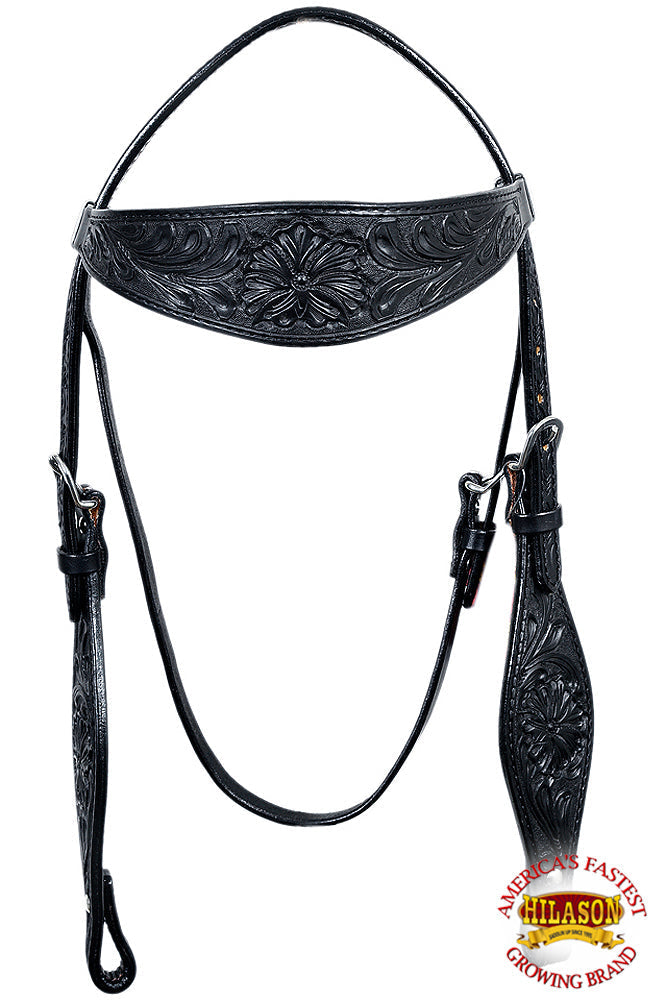 HILASON Western Horse Headstall Breast Collar Genuine American Leather Floral Black