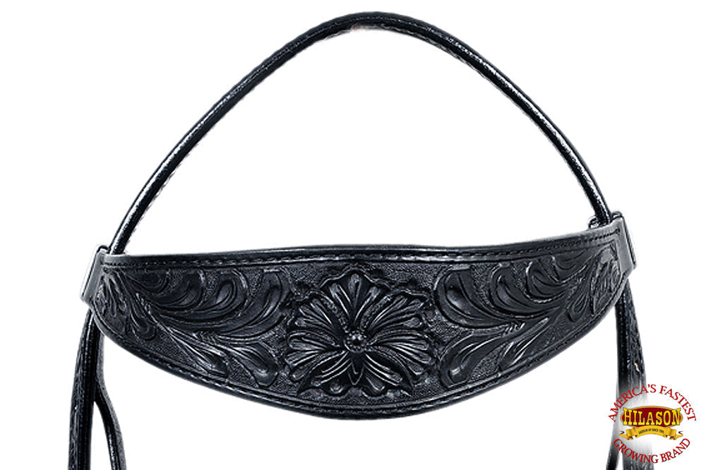 HILASON Western Horse Headstall Breast Collar Genuine American Leather Floral Black