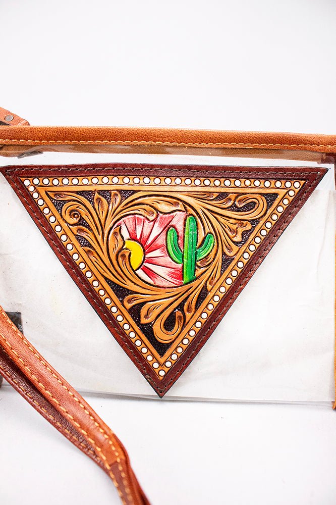 Clear Crossbody Bag With Handcrafted Tooled Leather Cactus Fringe For Festival Tan