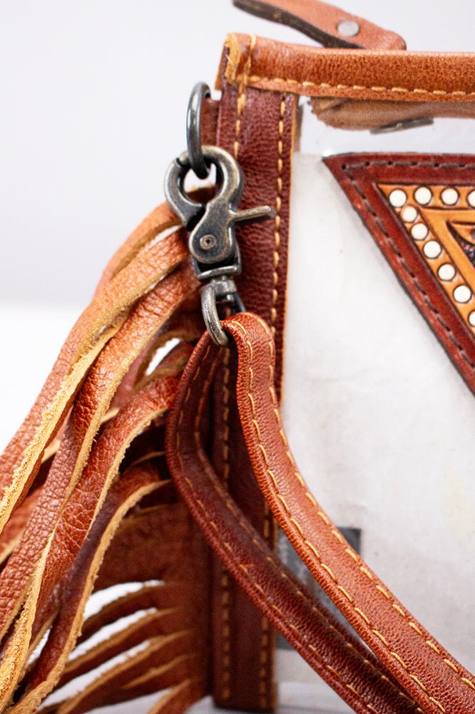Clear Crossbody Bag With Handcrafted Tooled Leather Cactus Fringe For Festival Tan