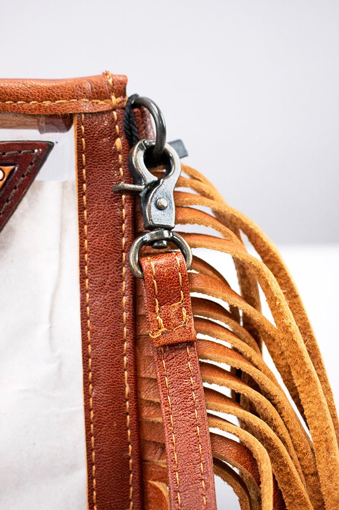 Clear Crossbody Bag With Handcrafted Tooled Leather Cactus Fringe For Festival Tan
