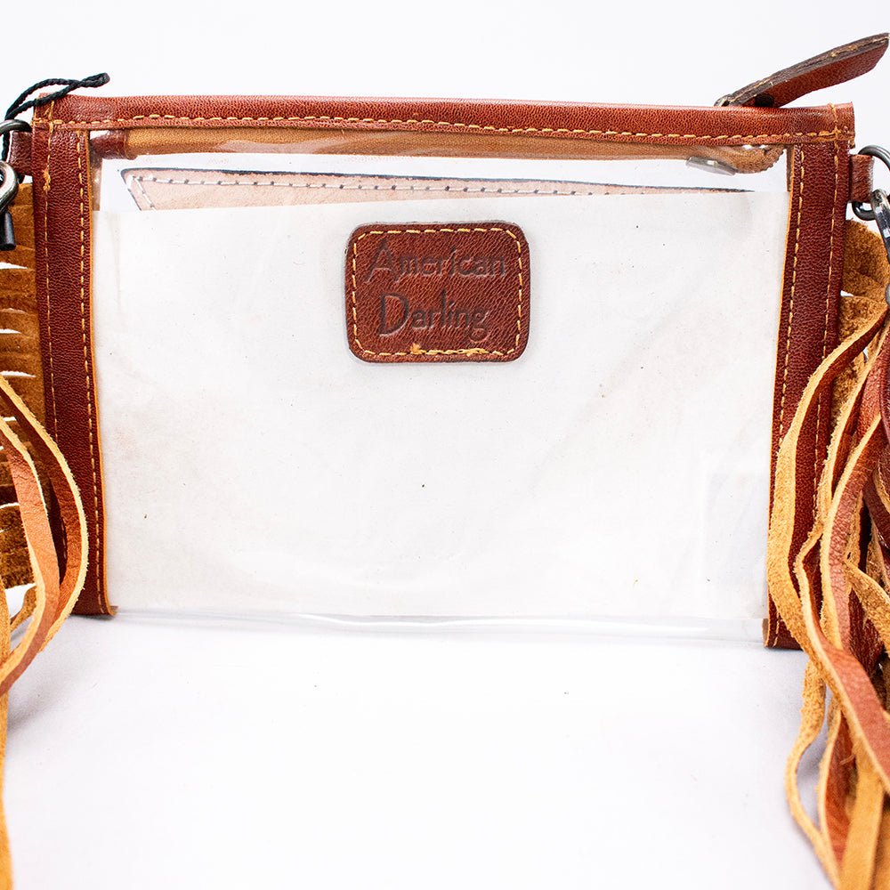 Clear Crossbody Bag With Handcrafted Tooled Leather Cactus Fringe For Festival Tan