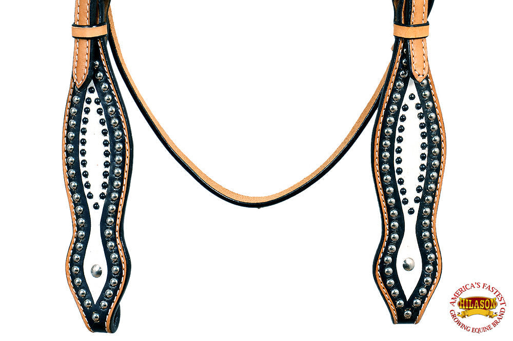 HILASON Western Horse Headstall Tack  American Leather Tan W/ Black & White