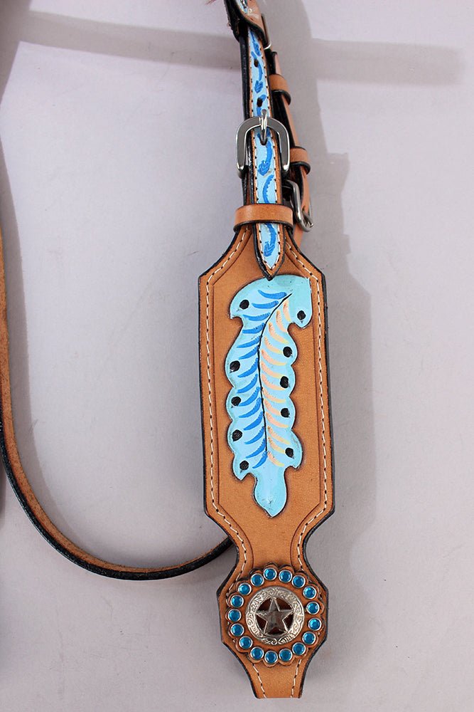 Hilason Western Horse Hand Tooled Genuine Leather Headstall Tan/Turquoise