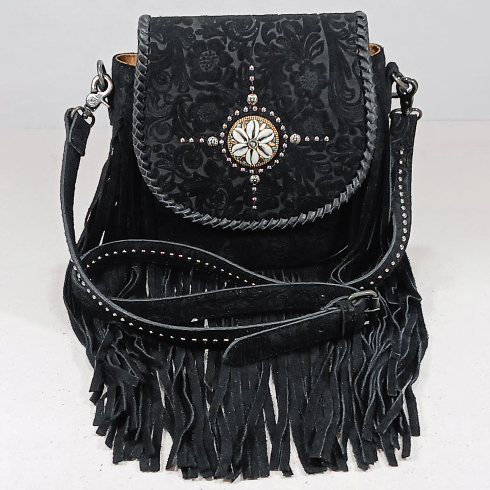 American Darling Western Embossed Leather Fringe Crossbody Bag with Studded Strap & Concho Detail