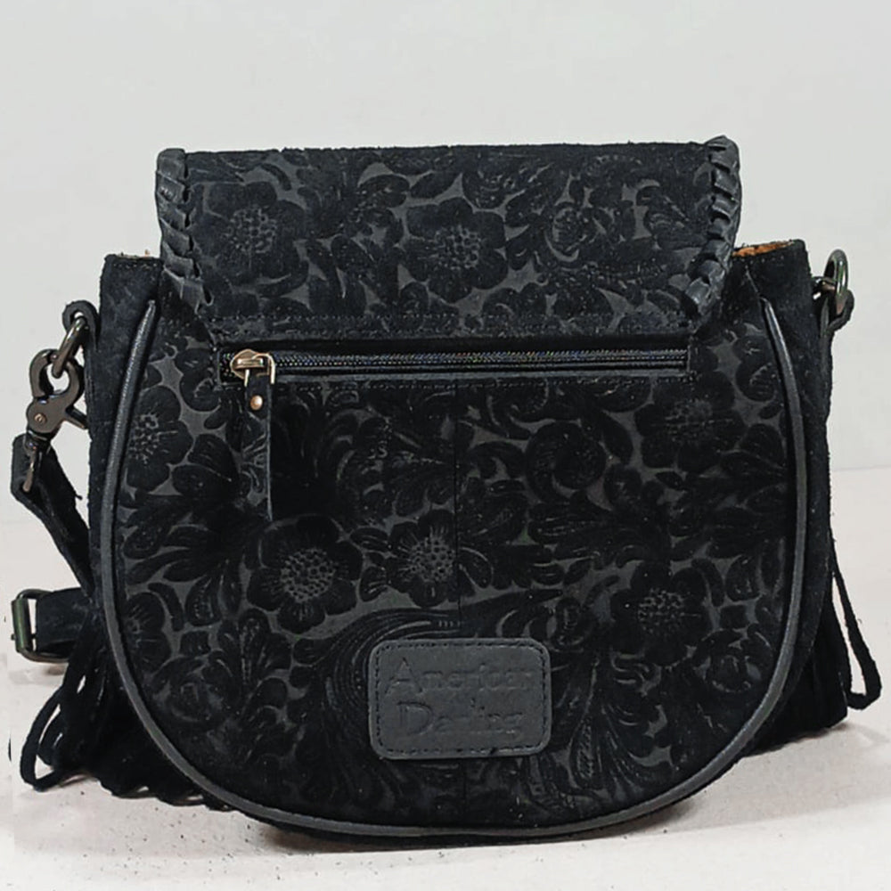 American Darling Western Embossed Leather Fringe Crossbody Bag with Studded Strap & Concho Detail