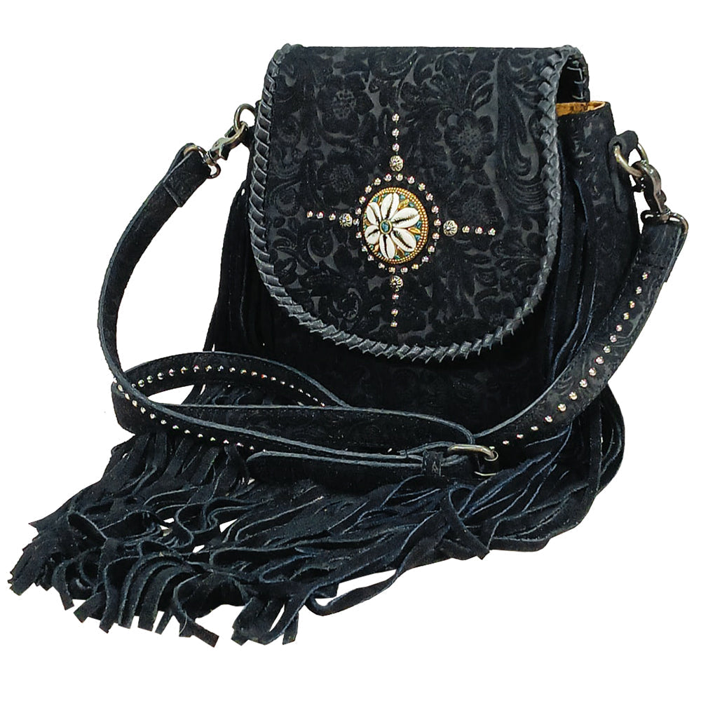 American Darling Western Embossed Leather Fringe Crossbody Bag with Studded Strap & Concho Detail