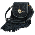 American Darling Western Embossed Leather Fringe Crossbody Bag with Studded Strap & Concho Detail