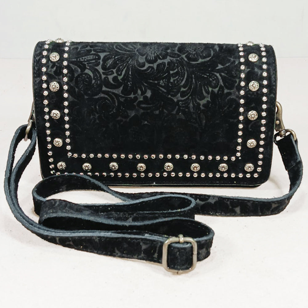 American Darling Western Embossed Leather Studded Crossbody Bag – Floral Tooled Purse with Adjustable Strap