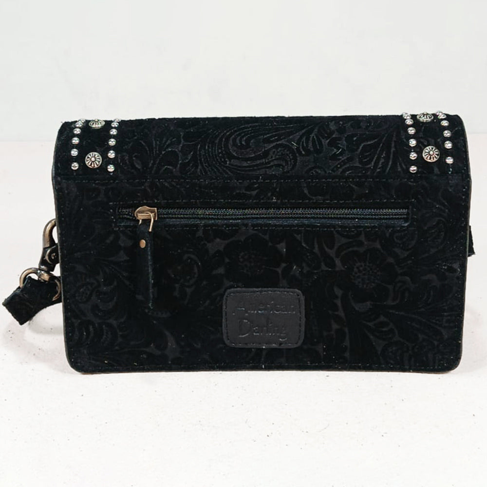 American Darling Western Embossed Leather Studded Crossbody Bag – Floral Tooled Purse with Adjustable Strap