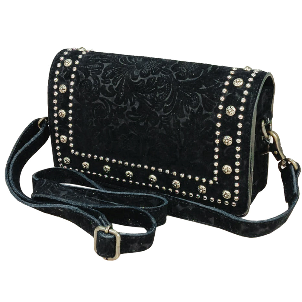 American Darling Western Embossed Leather Studded Crossbody Bag – Floral Tooled Purse with Adjustable Strap