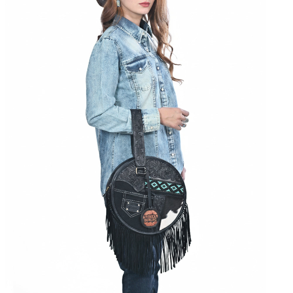AMERICAN DARLING Tooled Leather Canteen Bag Fringe Turquoise Beading