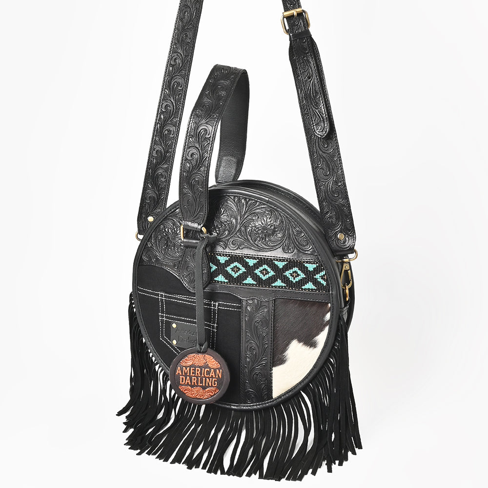 AMERICAN DARLING Tooled Leather Canteen Bag Fringe Turquoise Beading