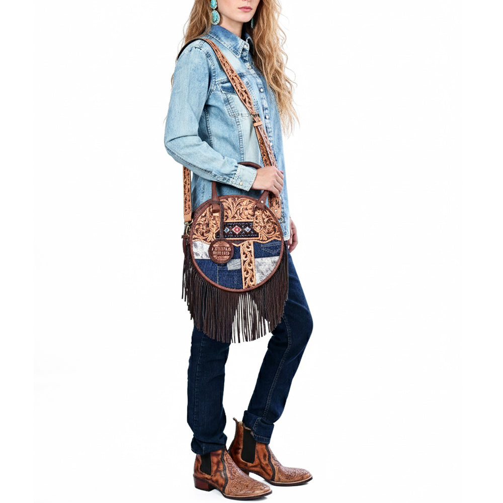 AMERICAN DARLING Tooled Leather Denim Canteen Bag Cowhide Fringe