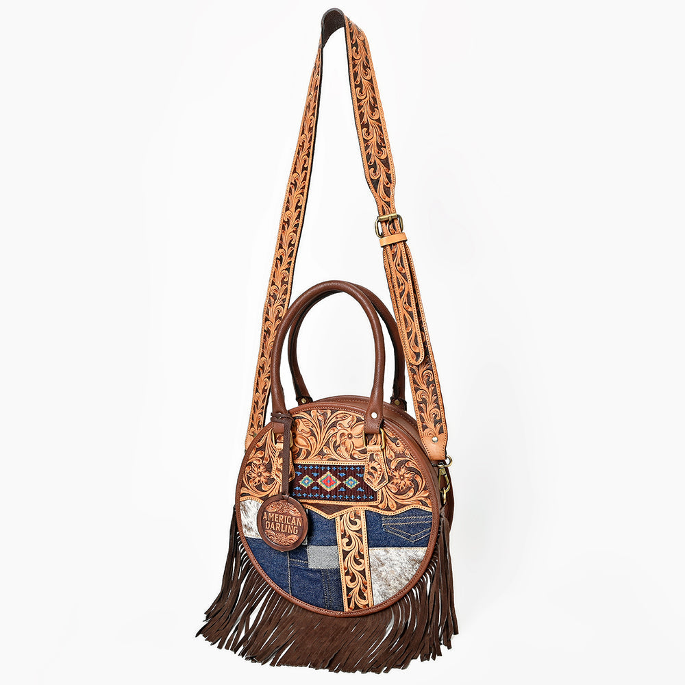 AMERICAN DARLING Tooled Leather Denim Canteen Bag Cowhide Fringe