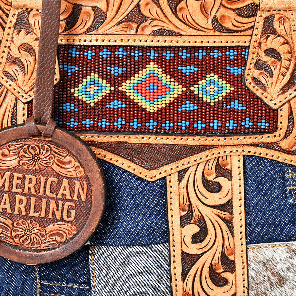 AMERICAN DARLING Tooled Leather Denim Canteen Bag Cowhide Fringe