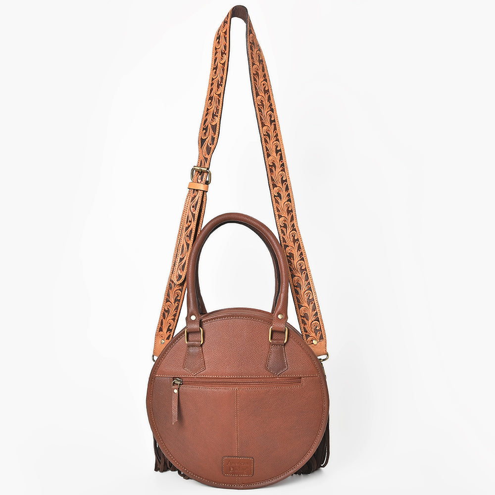 AMERICAN DARLING Tooled Leather Denim Canteen Bag Cowhide Fringe