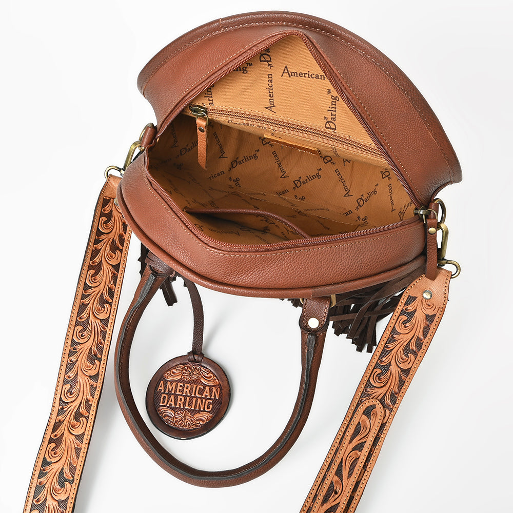 AMERICAN DARLING Tooled Leather Denim Canteen Bag Cowhide Fringe