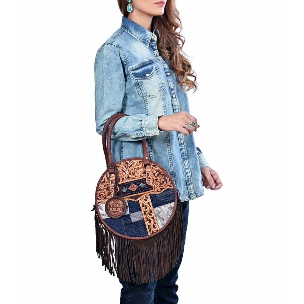 AMERICAN DARLING Tooled Leather Denim Canteen Bag Cowhide Fringe