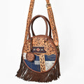AMERICAN DARLING Tooled Leather Denim Canteen Bag Cowhide Fringe