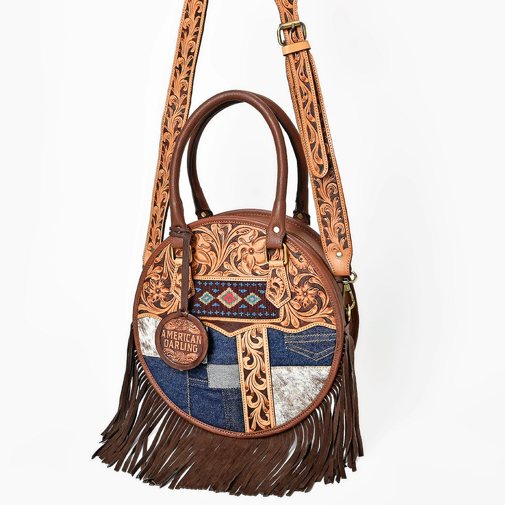 AMERICAN DARLING Tooled Leather Denim Canteen Bag Cowhide Fringe