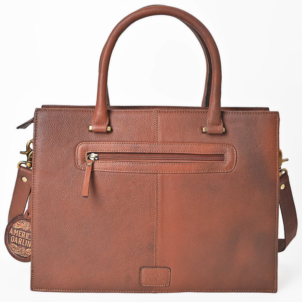AMERICAN DARLING Tooled Leather & Cowhide Satchel Bag Hand-Carved Floral Border