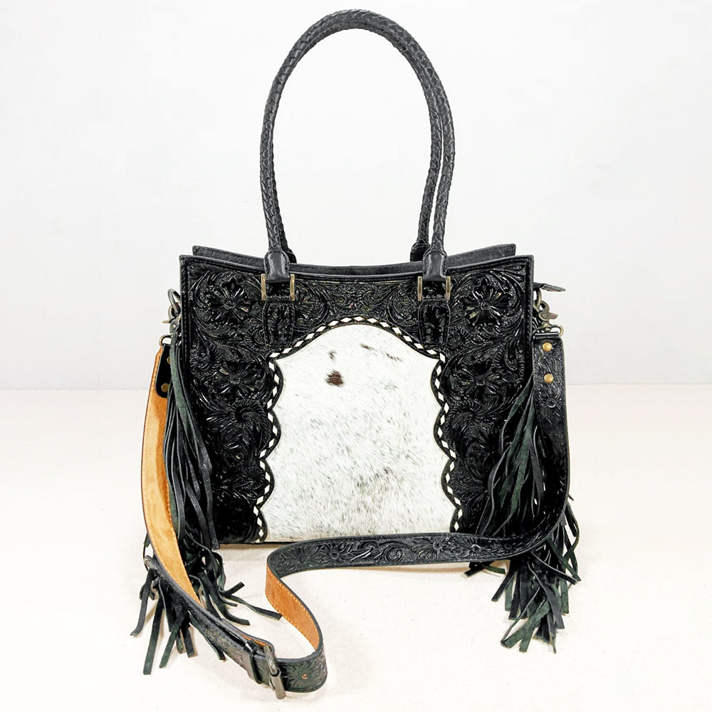 American Darling Premium Western Tooled Leather Hair-On Tote Bag with Fringe