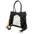 American Darling Premium Western Tooled Leather Hair-On Tote Bag with Fringe