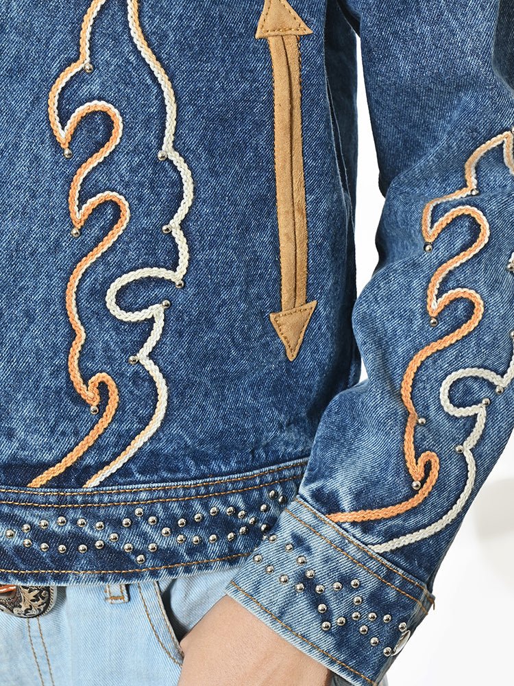American Darling Women’s Western Denim Jacket - Acid Wash Jean Blazer with Flame Embroidery, Boho Cowgirl Outerwear