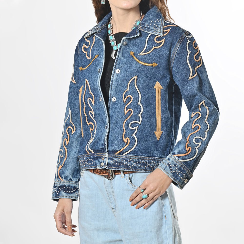 American Darling Women’s Western Denim Jacket - Acid Wash Jean Blazer with Flame Embroidery, Boho Cowgirl Outerwear