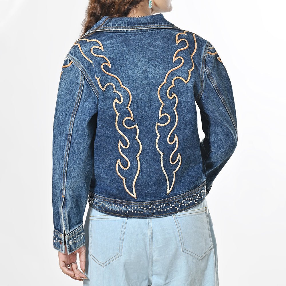 American Darling Women’s Western Denim Jacket - Acid Wash Jean Blazer with Flame Embroidery, Boho Cowgirl Outerwear
